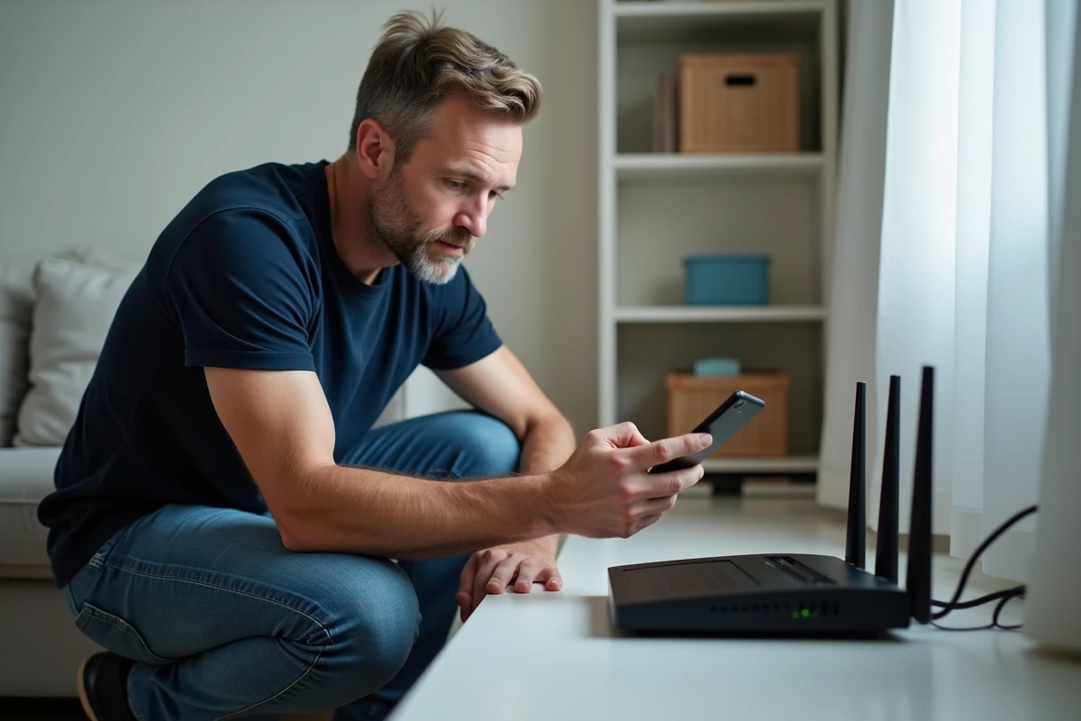 Homme vérifiant son routeur internet à domicile pour résoudre un problème de connexion