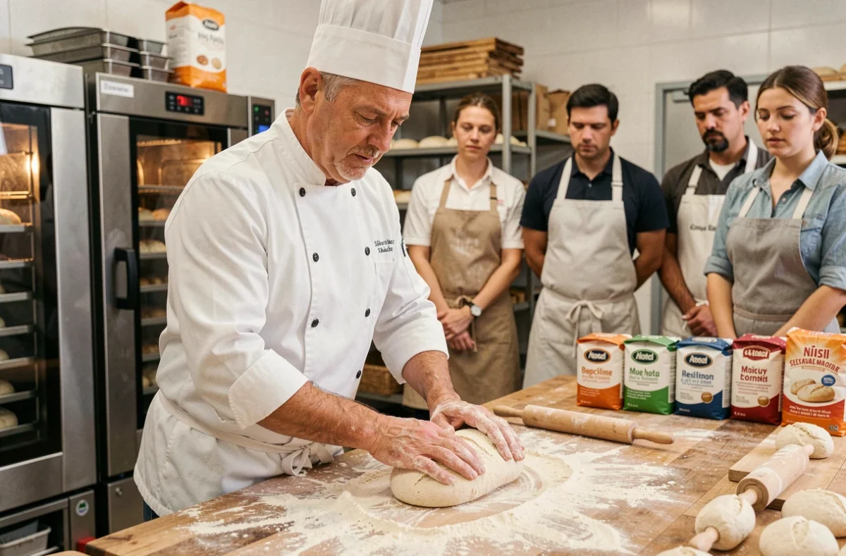 Instructeur de boulangerie-pâtisserie démontrant une technique de façonnage à l'INBP de Rouen