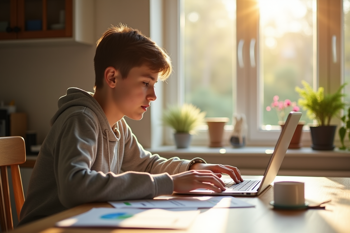 Jeune adulte analysant des documents financiers à la maison