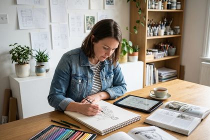 Jeune femme artiste en studio dessinant dans un carnet