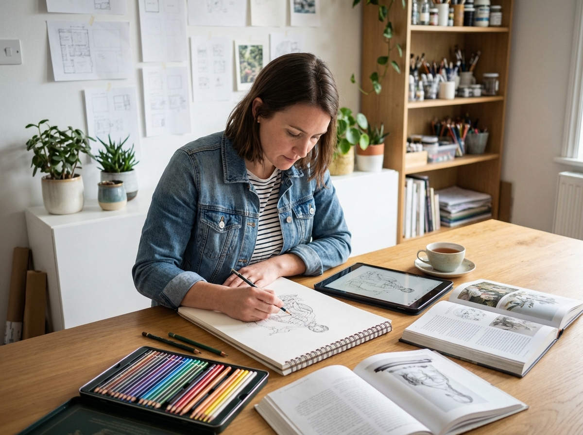 Jeune femme artiste en studio dessinant dans un carnet