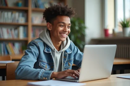 Lyceen souriant utilisant un ordinateur dans une classe lumineuse