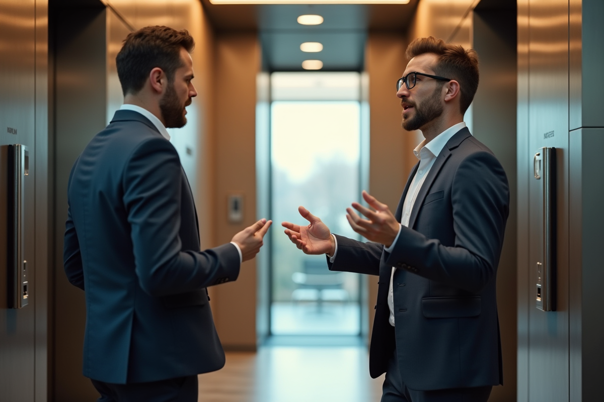 Jeune entrepreneur parlant à un investisseur dans un lobby moderne