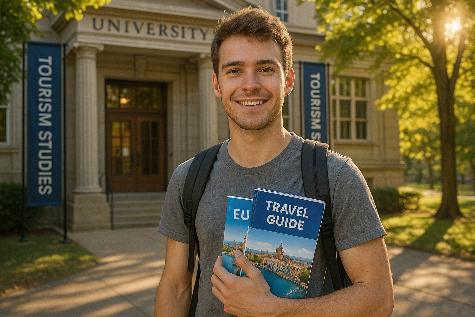 Jeune étudiant avec sac à dos devant une université tenant des guides de voyage
