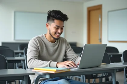 Jeune homme en classe organisant ses notes et ordinateur
