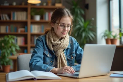 Jeune &eacute;tudiante concentr&eacute;e sur son ordinateur dans un espace moderne
