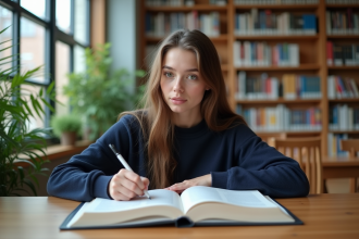 Étudiante en jeans et pull marin étudie un livre d'anatomie à la bibliothèque