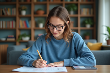 Jeune femme concentrée à étudier le français chez elle