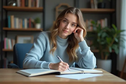 Jeune femme concentrée étudiant un livre de grammaire française
