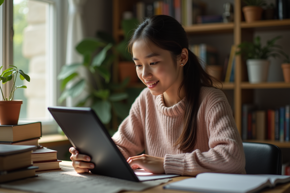 Jeune femme à la maison apprenant avec une intelligence artificielle sur sa tablette