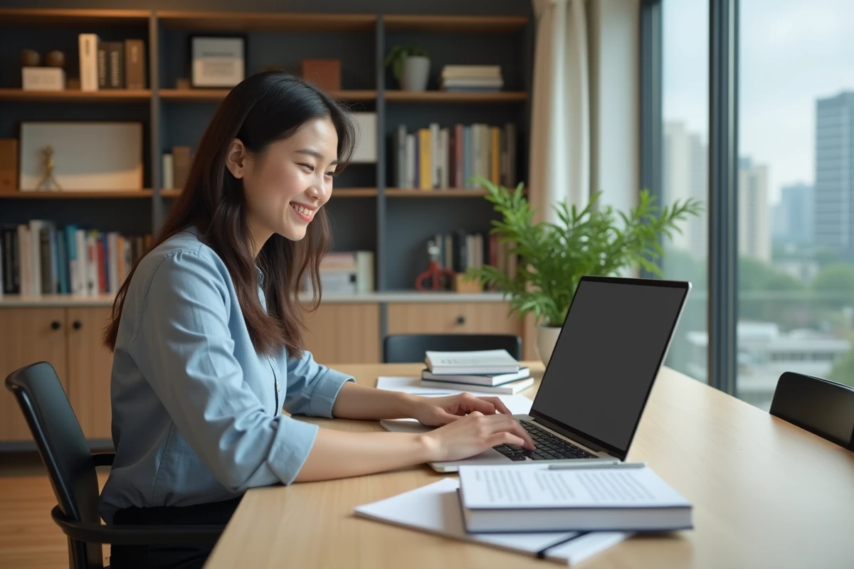Jeune femme en bureau moderne avec livres et ordinateur pour l'apprentissage de l'anglais
