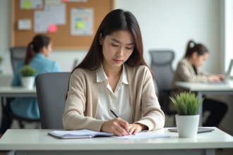 Jeune femme concentrée au bureau dans un cadre professionnel