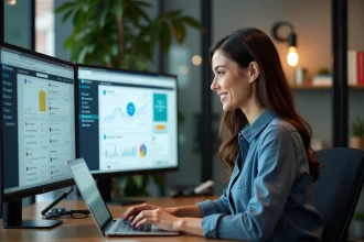 Jeune femme professionnelle travaillant sur un ordinateur dans un bureau moderne