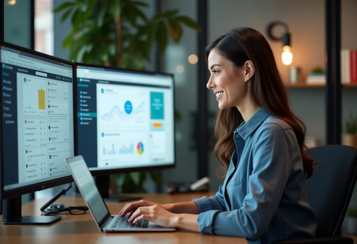 Jeune femme professionnelle travaillant sur un ordinateur dans un bureau moderne