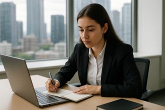 Jeune femme concentrée en stage dans un bureau lumineux