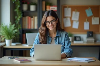Jeune femme concentrée travaillant sur son ordinateur dans un bureau