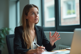 Jeune femme en bureau discutant avec un sourire