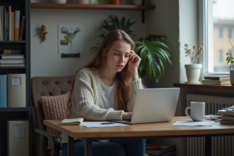 Jeune femme assise à un bureau avec un ordinateur portable
