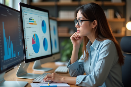 Jeune femme professionnelle examine un rapport visuel sur son bureau