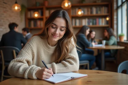 Jeune femme en café prenant des notes sur une fiche de conjugaison espagnole