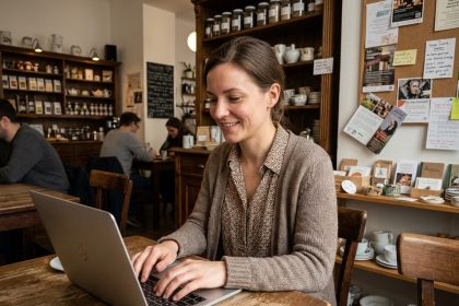 Jeune femme travaillant sur son ordinateur dans un café viennois