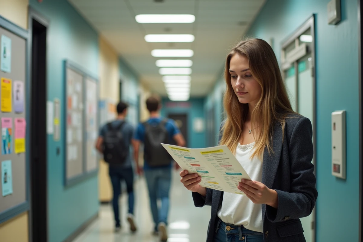 Jeune femme examinant une liste de carri&egrave;res dans un couloir universitaire