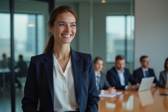 Jeune femme confiante en présentation d'affaires en salle moderne