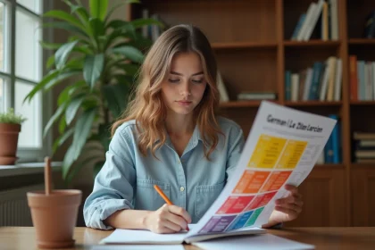 Jeune femme étudiant un tableau de déclinaisons allemandes