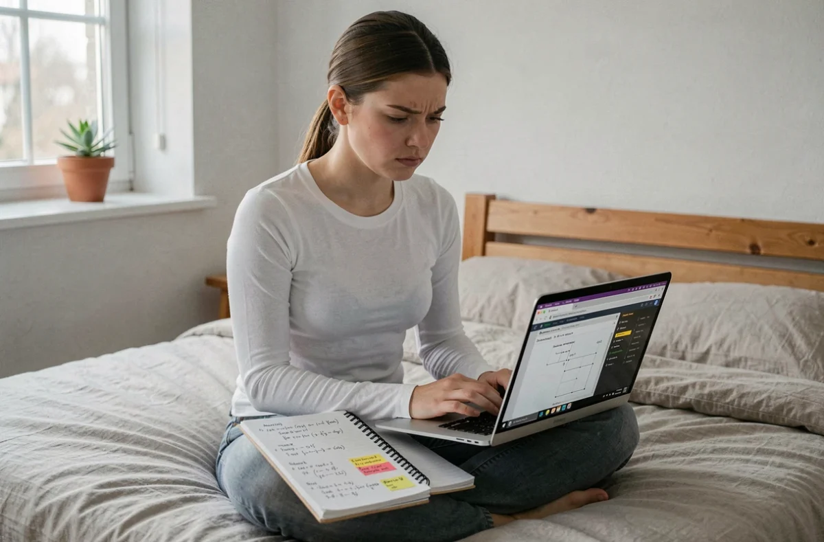 Jeune femme étudiant sur son ordinateur portable avec des ressources Solus pour préparer un concours d'ingénieur