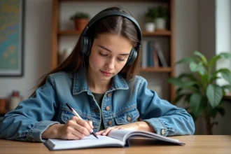 Jeune femme étudie le code de la route dans un appartement