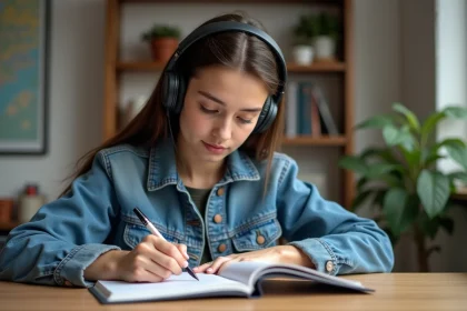 Jeune femme &eacute;tudie le code de la route dans un appartement