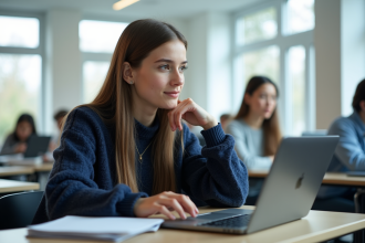 Jeune femme en classe avec ordinateur portable et livres