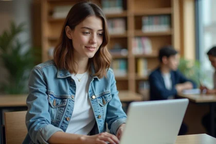 Jeune femme &eacute;tudiante concentr&eacute;e sur son ordinateur portable