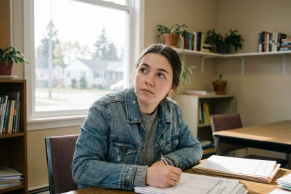 Jeune femme en classe préparant des formulaires d'inscription