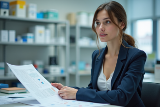 Jeune femme en laboratoire examinant des données