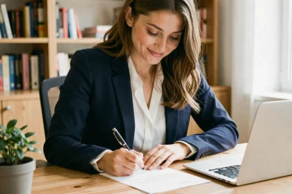 Jeune femme rédigeant une lettre de motivation pour une alternance à son bureau à domicile