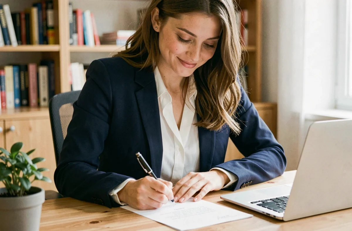 Jeune femme rédigeant une lettre de motivation pour une alternance à son bureau à domicile
