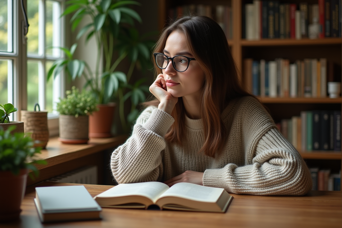 Jeune femme lisant un livre dans une bibliothèque chaleureuse