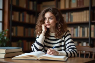 Jeune femme curieuse lisant des livres de grammaire française