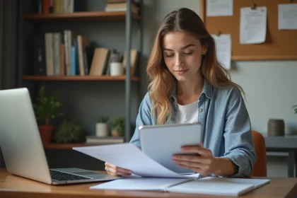 Jeune femme organis&eacute;e dans son bureau &agrave; la maison