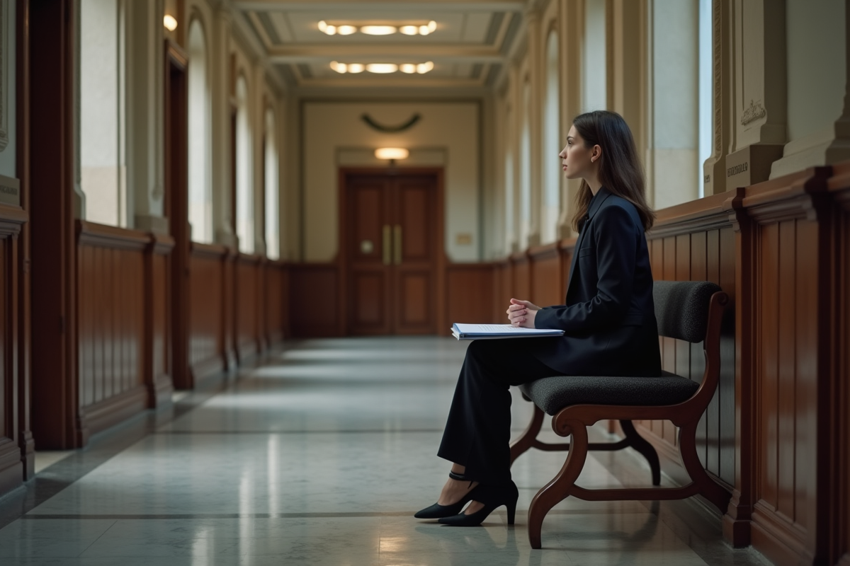 Jeune femme en cour de justice avec dossier