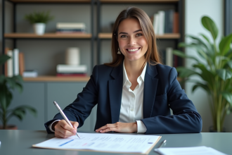 Jeune femme professionnelle avec CV sur bureau moderne