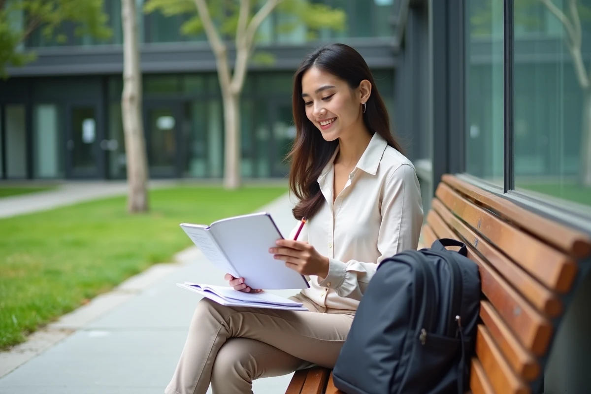 Jeune femme dehors revoyant ses notes et souriant