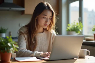 Jeune femme concentrée travaillant sur son ordinateur dans un appartement moderne