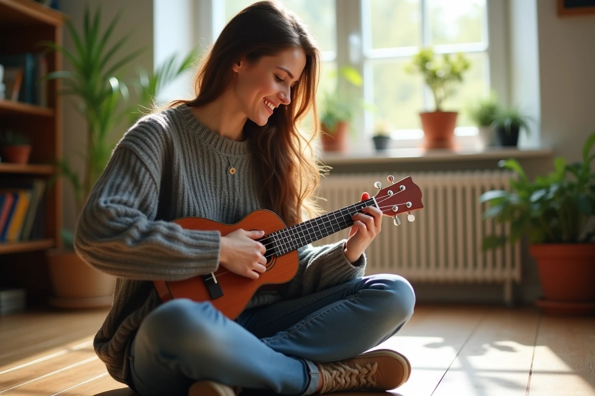 Jeune femme jouant ukulele dans un salon lumineux
