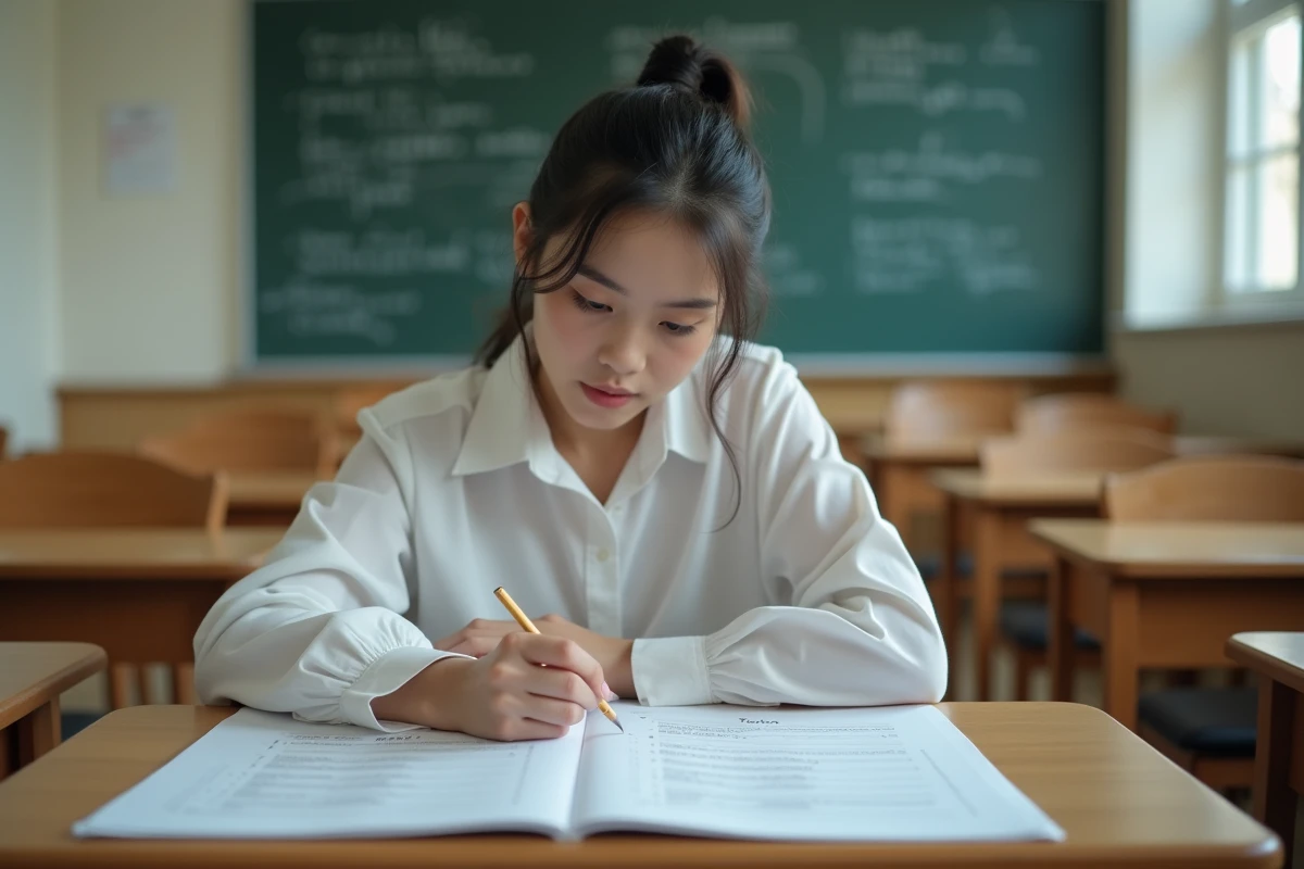 &Eacute;tudiante relue un devoir de bac dans une salle de classe