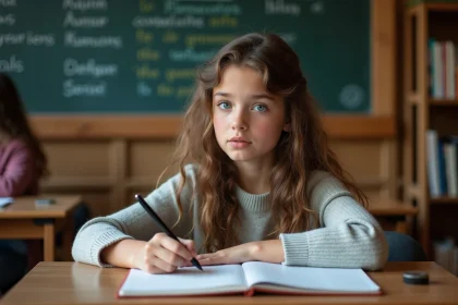 Jeune fille fran&ccedil;aise de 16 ans &eacute;crit un devoir &agrave; l'&eacute;cole