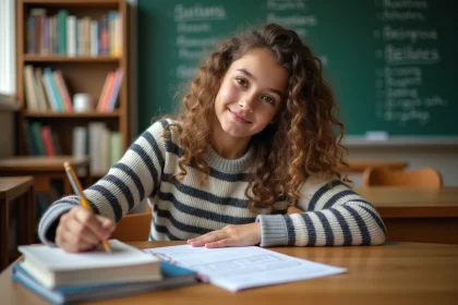 Jeune fille concentrée en cours de grammaire française