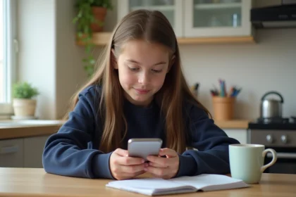 Jeune fille au smartphone dans la cuisine lumineuse