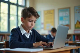 Jeune garçon concentré devant un ordinateur en classe